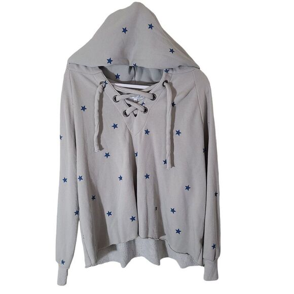 Wildfox size Large Cropped Raw Hem Star Sweatshirt Hoodie Cream Blue - Picture 1 of 7
